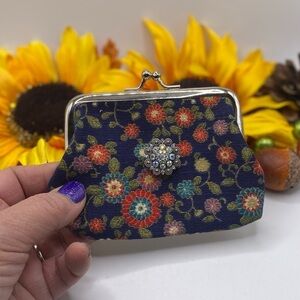 Dark Blue Snap Jewelry Change Purse.  Red flowers & Iridescent snap!